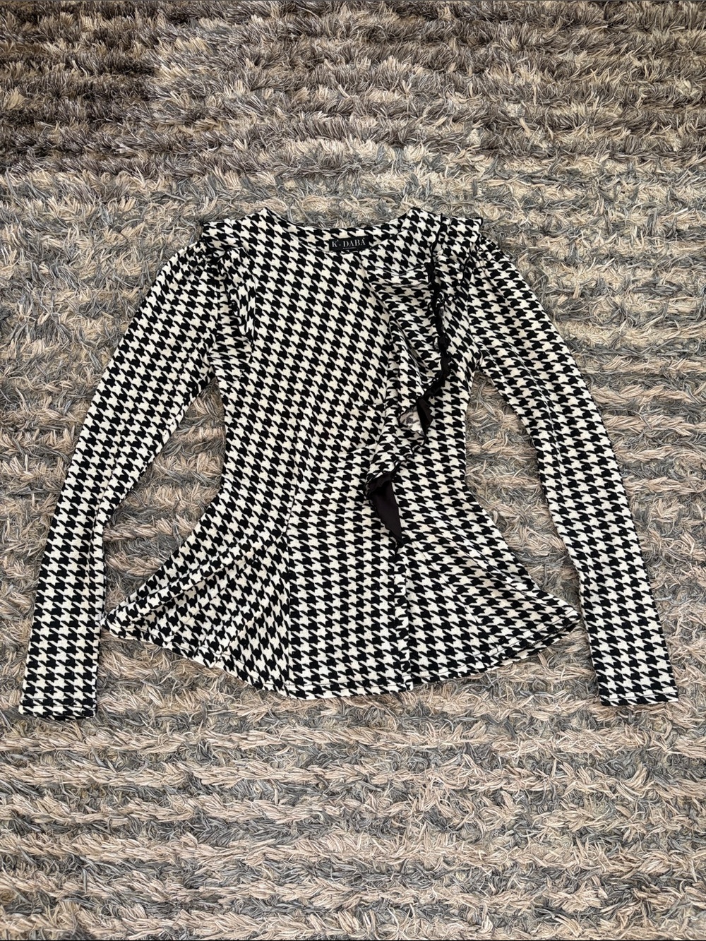 K-DABA Black White Houndstooth Peplum Blouse XS Ruffle Detail Knit Stretch